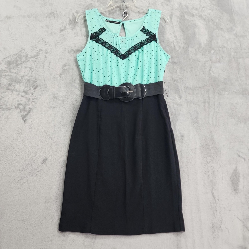 NEW Maurices Dress Womens 7/8 Juniors Black Mint Polka Dot Belted Lace